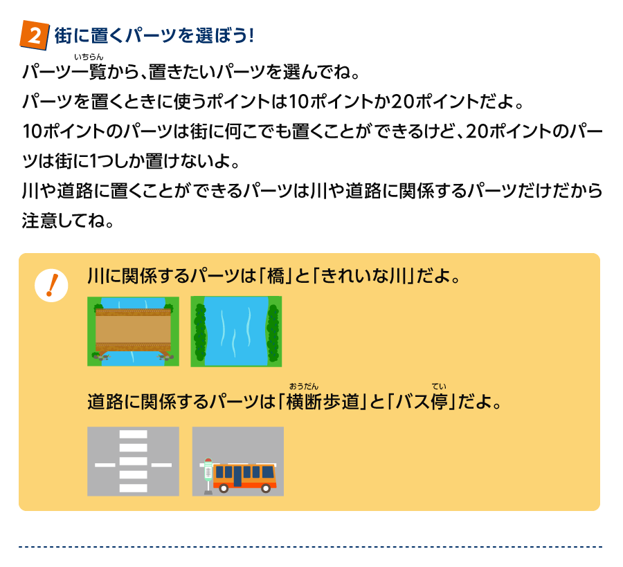 (2)街に置くパーツを選ぼう！パーツ一覧から、置きたいパーツを選んでね。パーツを置くときに使うポイントは10ポイントか20ポイントだよ。10ポイントのパーツは街に何こでも置くことができるけど、20ポイントのパーツは街に1つしか置けないよ。川や道路に置くことができるパーツは川や道路に関係するパーツだけだから注意してね。[川に関係するパーツは「橋」と「きれいな川」だよ。][道路に関係するパーツは「横断歩道」と「バス停」だよ。]
